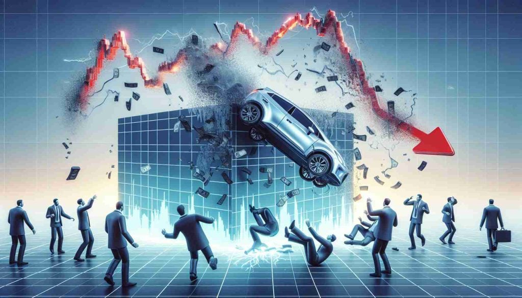 A high-definition illustration of a large-scale stock market downturn. Showcase crumbling stocks symbolized by falling graphs and anxious investors. Do not display specific companies or individuals, but feel free to represent the electric vehicle industry taking a nosedive. Please keep the representation metaphorical and not target any real-world figures or companies.