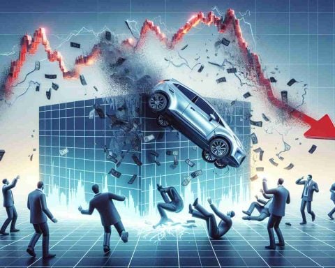 A high-definition illustration of a large-scale stock market downturn. Showcase crumbling stocks symbolized by falling graphs and anxious investors. Do not display specific companies or individuals, but feel free to represent the electric vehicle industry taking a nosedive. Please keep the representation metaphorical and not target any real-world figures or companies.