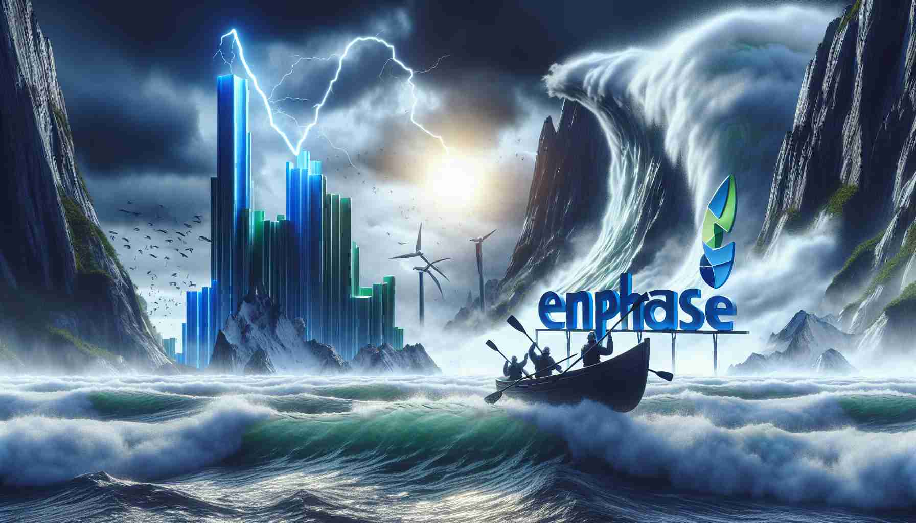 An HD, realistic image depicting the concept of the future of renewable energy stocks. This should encompass visual elements that indicate growth, optimism and resilience within the sector. In the foreground, present symbolic challenges represented with stormy waves or steep mountains, and the company name 'Enphase' on a boat or climbing gear, navigating through these difficulties. The image should not include any identifiable humans.