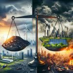 A realistic, high-definition image showing a metaphorical representation of a major energy shake-up. Depicted is a balance with traditional energy sources such as coal and oil on one side and renewable energies like wind turbines and solar panels on the other. The background is an uncertain future symbolized by a split skyline, one side showing a polluted, dystopian cityscape, and the other half depicting a green, sustainable city. This image ideally illustrate the ongoing debate around risk and revolution in the energy sector and conveys a sense of the stakes involved.