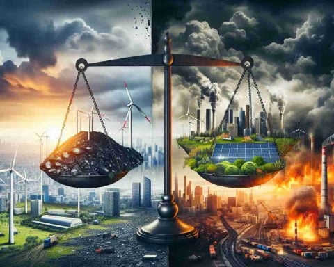 A realistic, high-definition image showing a metaphorical representation of a major energy shake-up. Depicted is a balance with traditional energy sources such as coal and oil on one side and renewable energies like wind turbines and solar panels on the other. The background is an uncertain future symbolized by a split skyline, one side showing a polluted, dystopian cityscape, and the other half depicting a green, sustainable city. This image ideally illustrate the ongoing debate around risk and revolution in the energy sector and conveys a sense of the stakes involved.