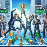 Generate a photorealistic HD image depicting a metaphorical high-stakes game on Wall Street. The scene should visually represent the enthusiasm and competition inherent in the FinTech industry. On one side of the game, show triumphant players smiling with a trophy, indicating the winners; on the other side, show disappointed players, implying the losers. Make sure to include symbols related to finance and technology to convey the subject of FinTech.