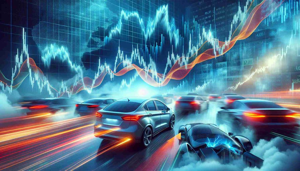 Create a high-definition, realistic image depicting the concept of unprecedented volatility in the stock market, focusing specifically on the shares of a generic electric car company. The image should illustrate the unpredictable nature of stock trading, possibly with graphs showing dramatic highs and lows. This should demonstrate the need for knowledge about the stock market.