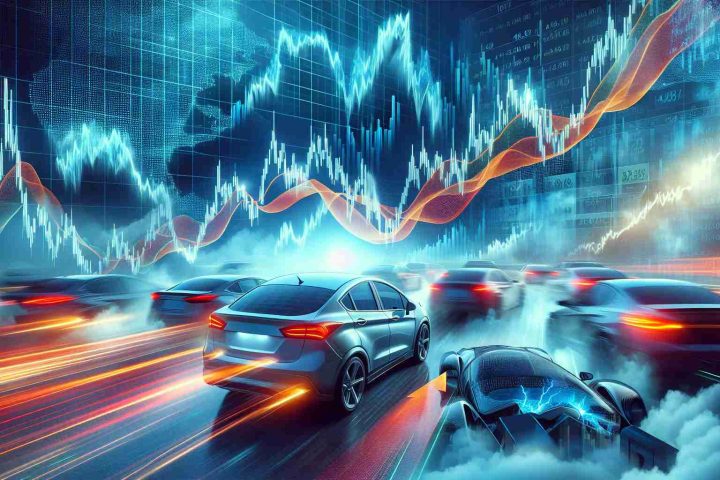 Create a high-definition, realistic image depicting the concept of unprecedented volatility in the stock market, focusing specifically on the shares of a generic electric car company. The image should illustrate the unpredictable nature of stock trading, possibly with graphs showing dramatic highs and lows. This should demonstrate the need for knowledge about the stock market.