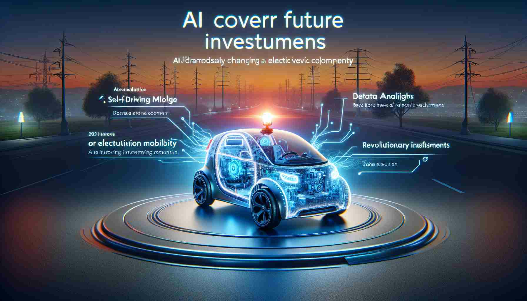 Create a realistic HD image representing the concept of an 'AI Revolution' dramatically changing an electric vehicle company. The image should encapsulate innovative technology advances in AI, such as self-driving modules, detailed insights from data analysis, and revolutionary improvements in electric vehicle design. It should also include a section suggesting curiosity for potential investors, a possible tagline like 'Uncover Future Investments' and 'The Revolution in Electric Mobility'. Please avoid specific company logos or branding.