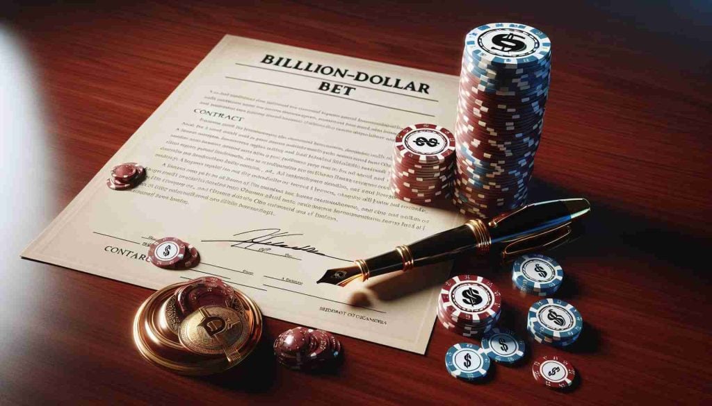 A highly detailed and realistic image representing the concept of a billion-dollar bet, visually metaphorized through a stack of poker chips, a contract, and a fountain pen on a rich mahogany table. No identifying categories of individuals should be present, it's a metaphorical representation of a huge financial bet. The mood of the image is serious and it subtly suggests the possible consequences and complexities of such a risky financial decision.