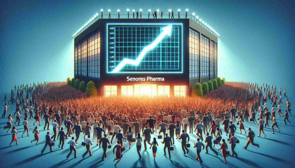 Create a high definition image depicting the concept of surging demand. Illustrate this through a large crowd of diverse individuals, representing all races and genders equally, rushing towards a building symbolizing 'Senores Pharma'. The building should be grand, modern, and filled with lights. Display a graph line soaring upwards on a digital billboard near the building to represent a successful initial public offering (IPO). Make sure to capture the excitement and urgency in the crowd's expression and behavior.