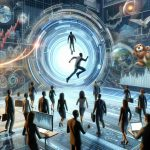 Depict a high-definition, realistic representation of the metaphorical concept 'Quantum Leap in Finance'. This should be done in a creative, abstract way that captures the rapid, major advancements in finance technology. The image should also include a representation of university students, varying in gender and descent, from a prestigious institution showcasing this future technology. They can be visualised as interacting with futuristic finance tech displays, charts, and computers. Remember, it's a metaphorical leap; no real jumping required.