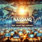 Generate a realistic, high-definition image depicting a positive financial scene, such as stock market figures on computer screens and tickers, with noticeable signs of growth and success. Emphasize the sense of reaching a brand new record high in the market, showcasing excitement and success. The text "Nasdaq Surges! New Record High Achieved" could be prominently displayed on a digital stock market ticker or news headline.
