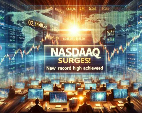 Generate a realistic, high-definition image depicting a positive financial scene, such as stock market figures on computer screens and tickers, with noticeable signs of growth and success. Emphasize the sense of reaching a brand new record high in the market, showcasing excitement and success. The text "Nasdaq Surges! New Record High Achieved" could be prominently displayed on a digital stock market ticker or news headline.