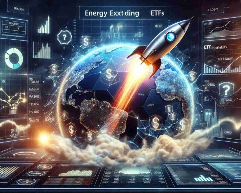 Create a hyper-realistic image in high definition that depicts Energy Exchange-Traded Funds (ETFs) represented as a rocket blasting off into space, symbolizing their surge. Metrics and graphs showcasing rising trends and significant figures are scattered around in a modern interactive dashboard. Incorporate financial symbols and terms to tangibly reflect global investment strategies. Add in a glowing globe to represent the global shift. Apart from the main metaphorical depiction, also include a large question mark to signify the uncertainty and potential evolution of investment strategies.