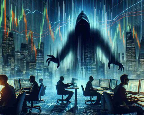 Create a dramatic, realistic, high-definition representation of an abstract concept: 'The Unseen Catalyst of the Next Stock Market Crash'. This should include imagery of stock market graphs plummeting sharply, corporate offices in turmoil, and distressed investors looking at their screens. Include a shadowy figure representing the 'unseen catalyst'. Use a suspenseful and ominous color scheme.