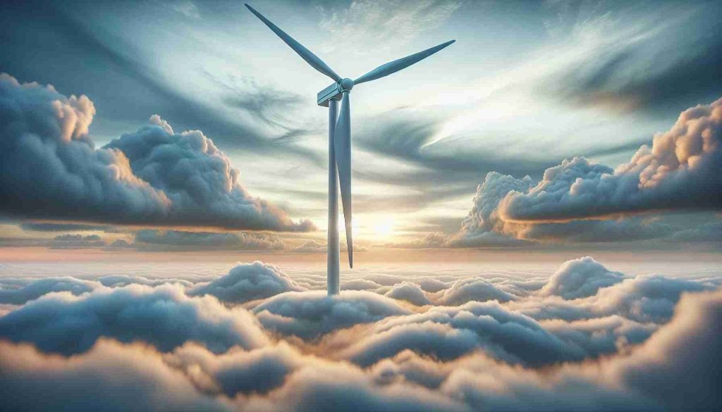 A realistic, high-definition image of a large wind energy turbine, known as a whirlwind, set against a beautiful sky. This specific turbine design is popular in Jiangsu, illustrating the surge in renewable energy trends even during gloomy economic times.