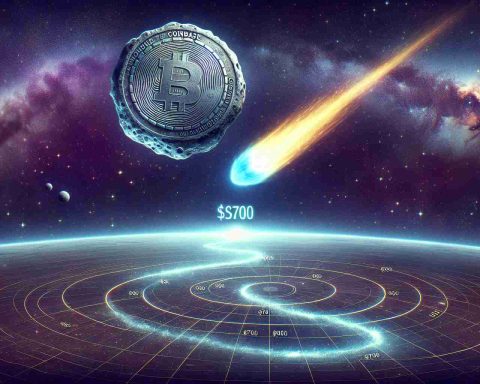 A realistic, high-definition illustration depicting a comet metaphorically representing Coinbase, shooting up into the night sky. Next to the comet, in the infinite cosmos, a celestial chart showing a path leading towards a $700 marker, visually representing the predicted share price.