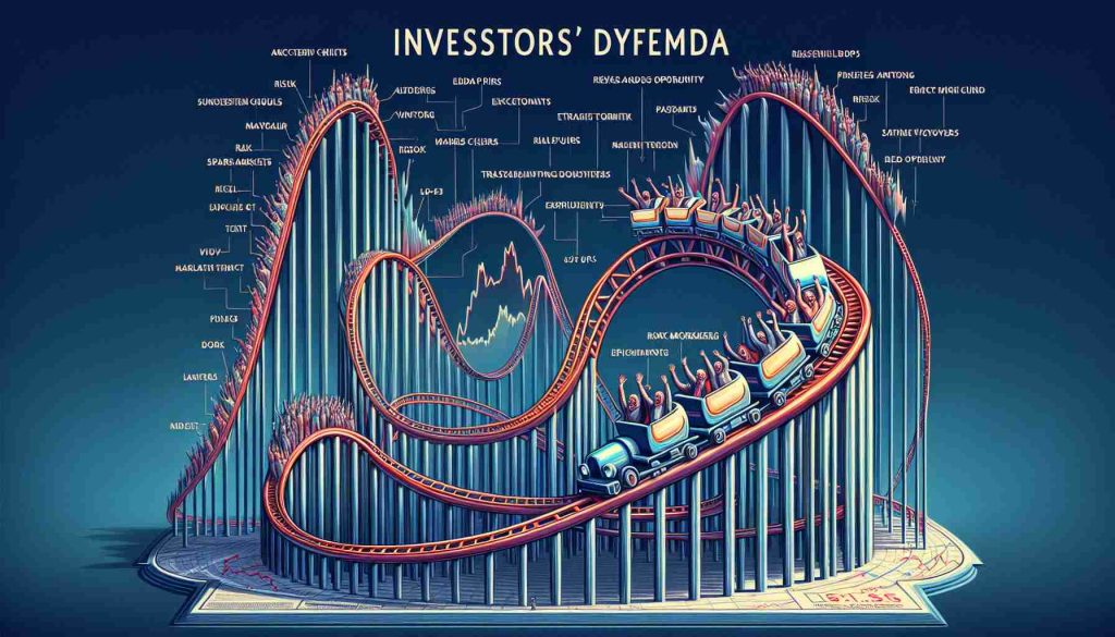 A conceptual artwork portraying a thrilling roller coaster ride that metaphorically represents the fluctuating nature of stock market prices. This abstract ride is labeled 'Investors' Dilemma'. The coaster track is treacherously twisting and turning, portraying sharp climbs, exhilarating drops, and sudden bends, symbolizing the unpredictability of investing. Please include data charts, risk and opportunity signs along the ride and terrified & excited visitors symbolizing investors.