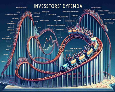 A conceptual artwork portraying a thrilling roller coaster ride that metaphorically represents the fluctuating nature of stock market prices. This abstract ride is labeled 'Investors' Dilemma'. The coaster track is treacherously twisting and turning, portraying sharp climbs, exhilarating drops, and sudden bends, symbolizing the unpredictability of investing. Please include data charts, risk and opportunity signs along the ride and terrified & excited visitors symbolizing investors.