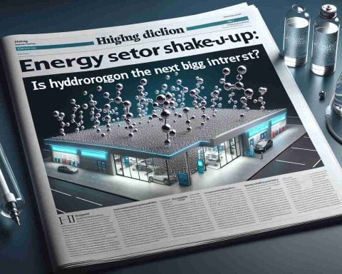 A high-definition, realistic image of a newspaper headline reading 'Energy Sector Shake-Up: Surprising Move Sparks Interest. Is Hydrogen the Next Big Thing?' This includes a captivating sub-image which displays a physical representation of hydrogen molecules in the form of small spheres, the scene of a clean, modern hydrogen fueling station, and an infographic presenting the possible rise in the hydrogen energy market.