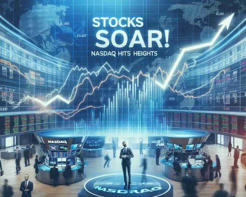 Generate a high-resolution, realistic image in an appropriate color palette. The image should depict a financial news headline that reads 'Stocks Soar! Nasdaq Hits New Heights'. Accompany the headline with visual elements such as upward trending graphs, a stock exchange floor with active traders, and financial symbols.