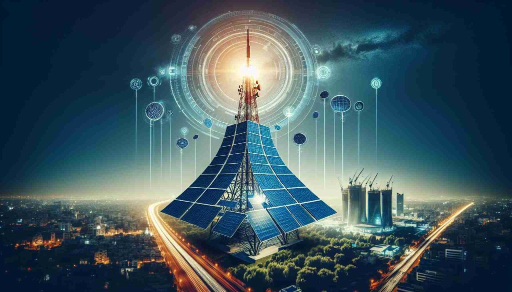 Generate a realistic, high-definition image portraying the Indus Towers' bold step into solar energy. The photo should ideally show innovative solar panels integrated into a towering structure, thus transforming the look and operation of the telecommunication industry. Include symbolic elements like sunbeams, gleaming photovoltaic cells and a futuristic city skyline for context.