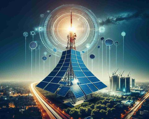 Generate a realistic, high-definition image portraying the Indus Towers' bold step into solar energy. The photo should ideally show innovative solar panels integrated into a towering structure, thus transforming the look and operation of the telecommunication industry. Include symbolic elements like sunbeams, gleaming photovoltaic cells and a futuristic city skyline for context.