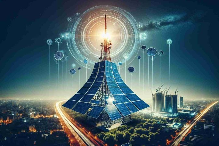 Generate a realistic, high-definition image portraying the Indus Towers' bold step into solar energy. The photo should ideally show innovative solar panels integrated into a towering structure, thus transforming the look and operation of the telecommunication industry. Include symbolic elements like sunbeams, gleaming photovoltaic cells and a futuristic city skyline for context.