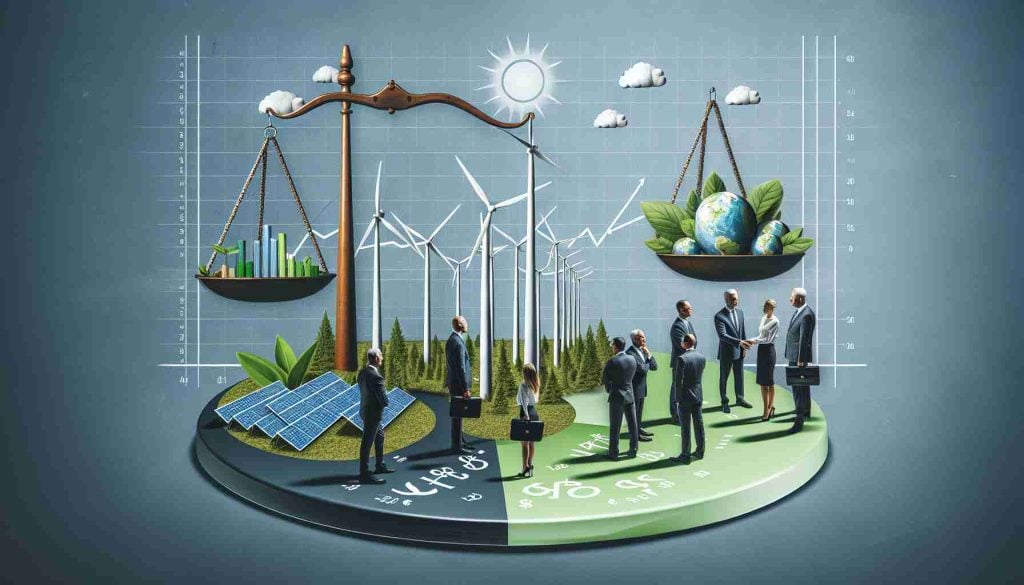 Generate a realistic HD photo representing the concept of Green ambitions in an energy company sparking investor controversies. Include various elements like green energy resources like windmills, solar panels, alongside corporate figures in discussion, and a balance scale showing the weights of profits and environmental consciousness.