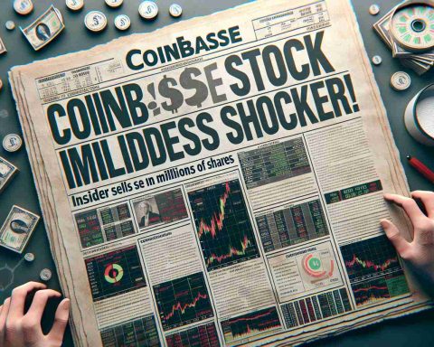 Opt for a realistic high-definition image depicting a financial newspaper headline that reads, 'Coinbase Stock Shocker! Insider Sells Millions in Shares.' The page should have a distressed look to convey the shock of the news, with various graphs and numbers to hint at stock market dynamics.