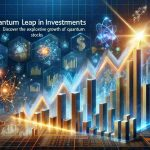 Create a high definition, photorealistic image that vividly illustrates the concept of dramatic growth in quantum-based stocks. The scene includes a dynamic upward surge of line graphs and bar charts that symbolize the explosive growth of quantum stocks. The background features symbols of investments like dollar signs and stock market tickers, combined with quantum elements like atoms and quantum wave patterns. The words 'Quantum Leap in Investments: Discover the Explosive Growth of Quantum Stocks' is written in bold, appealing letters at the top of the image.
