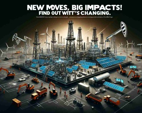 A high-definition, realistic image depicting the hypothetical impacts of Diamondback Energy's new moves. Visualize big machinery at work, suggesting changes in the energy company’s operations. Include elements like solar panels or wind turbines to represent renewable energy sources, oil derricks for traditional oil extraction, and innovations such as advanced computer systems or blueprints, symbolizing the changes taking place. The phrase 'New Moves, Big Impacts! Find Out What’s Changing.' should be boldly highlighted in the image, indicative of a bold new future for renewable energy.