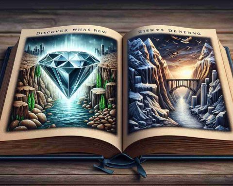 An image of a highly-detailed and realistic representation of the concept of penny stocks. It features a visually compelling comparison of two scenarios - one portrayed as a hidden gem, perhaps symbolized by a gleaming diamond masked underneath ordinary rock, and the other as a risky venture, embodied by a perilous mountain or a crumbling bridge. The pictures would be embedded within an open book - an indication of the phrase 'Discover What’s New', suggesting the continuous quest for knowledge in the world of stocks and investing.