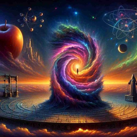 An ultra-high-definition artistic rendition of a scene that's symbolic of the evolution of quantum physics. In the center, a stylized depiction of a quantum particle, shrouded in a nebula-like cloak of glowing colors that represent the different states it can be in simultaneously. On one side of the canvas, references to classical mechanics with an apple, symbolizing gravity and an orrery, representing a deterministic universe. On the other side, surrealistic representations of time dilation and space-time distortions hint at relativity. As the background, a dawning sky, representing a new era of science.