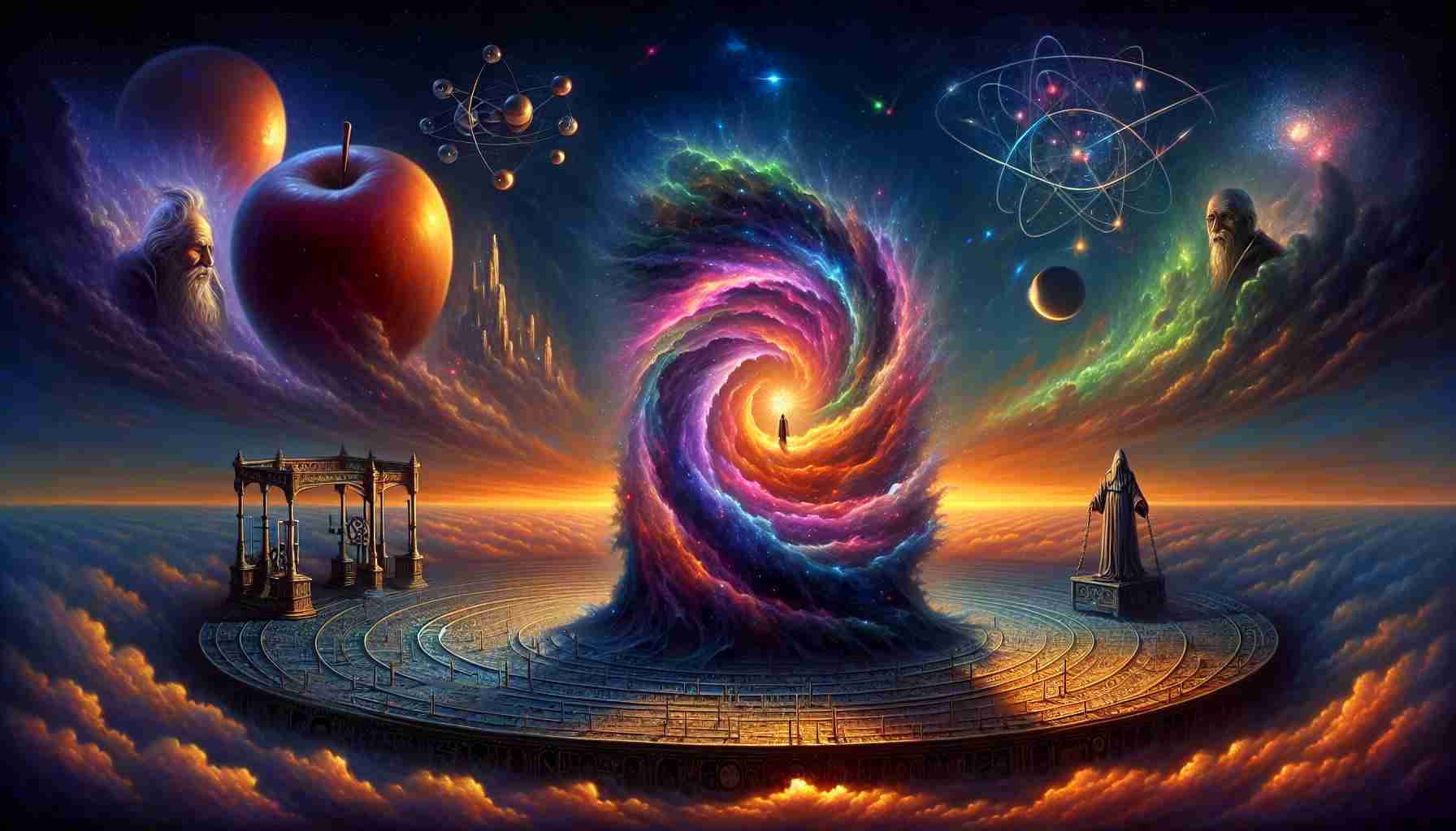 An ultra-high-definition artistic rendition of a scene that's symbolic of the evolution of quantum physics. In the center, a stylized depiction of a quantum particle, shrouded in a nebula-like cloak of glowing colors that represent the different states it can be in simultaneously. On one side of the canvas, references to classical mechanics with an apple, symbolizing gravity and an orrery, representing a deterministic universe. On the other side, surrealistic representations of time dilation and space-time distortions hint at relativity. As the background, a dawning sky, representing a new era of science.