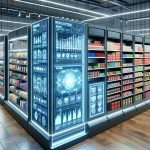 Generate a highly detailed, realistic image that depicts a revolutionized retail store's shelves. The shelves should clearly have a new, state-of-the-art analytics tool integrated into them. This tool may be portrayed as a high-tech screen, some sort of interactive interface, or any other advanced technology. The layout of the retail store and the arrangement of goods on the shelves should suggest vibrant business activity and heightened sales. Show customers from a variety of descents and genders exploring the store, appearing impressed and engaged by this innovative shopping experience.