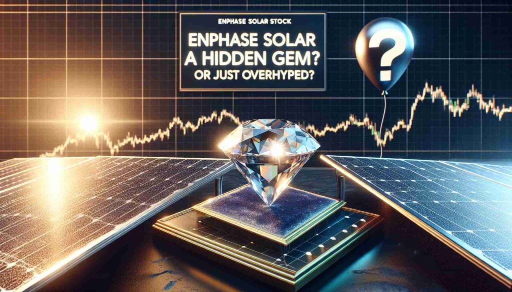 An image displaying a very realistic rendition of a shiny gemstone delicately placed over solar panels, which symbolizes the hidden value of solar energy stocks. The sunlight is shimmering on the gemstone. The scene has a feeling of intrigue and mystery. Beside this, a balloon with a question mark suggesting the uncertainty, asking if solar stocks are indeed a hidden gem or hyped. The background is a fluctuating stock chart related to solar energy companies. Words placed at the top with bold fonts read 'Enphase Solar Stock: A Hidden Gem? Or Just Overhyped?'.