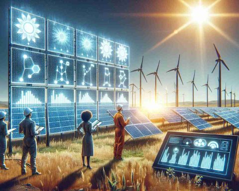 Create a high-definition, realistic photo showcasing the revolutionary energy solution called 'Glow.' We are in a field with multiple photovoltaic panels absorbing sunlight. The sun is high in the sky, casting a bright glow on the solar panels. Next to the field is a large digital screen displaying statistical data indicating the amount of energy generated, representing the transformative impact of 'Glow' on the energy sector. Some engineers, including an African descent woman and a Middle Eastern descent man, clad in flash-resistant clothing, are inspecting the system to ensure maximum energy conversion efficiency.