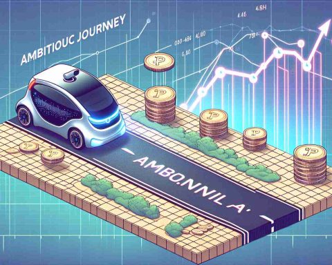 An illustrated portrayal of an ambitious journey. It shows an autonomous vehicle, symbolizing Pony.ai, revolutionizing transportation on the road. This upheaval is also reflected in a digital representation of a stock market where prices are on the rise, symbolizing the disruption in the markets. Paved roads with autonomous vehicle and the clutter-free environment articulates the concept of future transport. The rising graph and coins represent the bullish market.