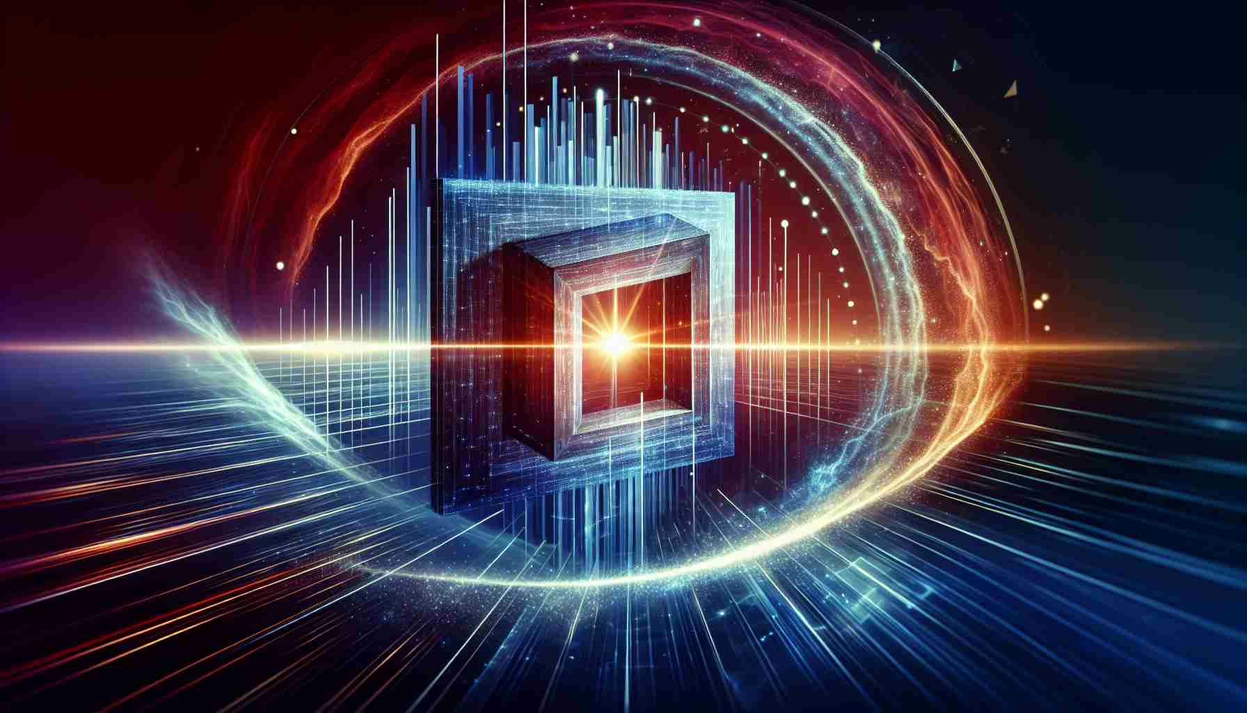 Generate an ultra high-definition image showing a symbolic representation of a quantum breakthrough. It embodies relief and revival, signifying a new era in technology. Also show an increasing focus on investment paralleling the advancements, represented as a powerful beam of light reaching beyond boundaries. To depict the leading role of a tech giant, use a large monolithic structure with an abstract logo, but avoid direct reference to any specific company.
