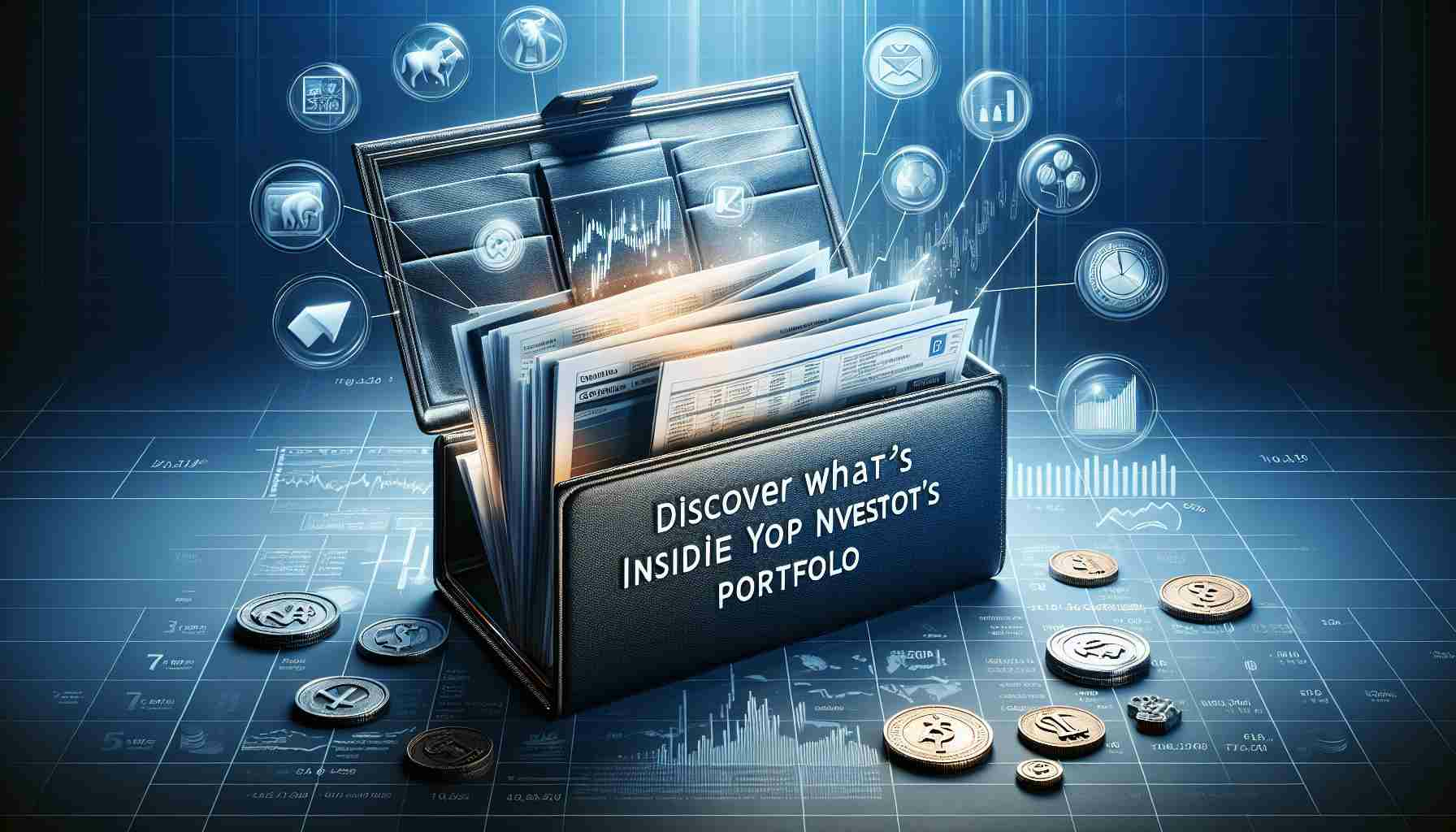 A high-definition, realistic image representing the concept of revealing investing secrets. The main focus should be a metaphorical 'portfolio' with the suggestive tagline, 'Discover What's Inside Top Investor's Portfolio'. The portfolio should be enticingly open, hinting at documents and charts related to investing. Surrounding elements can include financial icons or symbols related to stock markets, currency, and investments. The overall tone of the image should evoke mystery, discovery and professionalism.