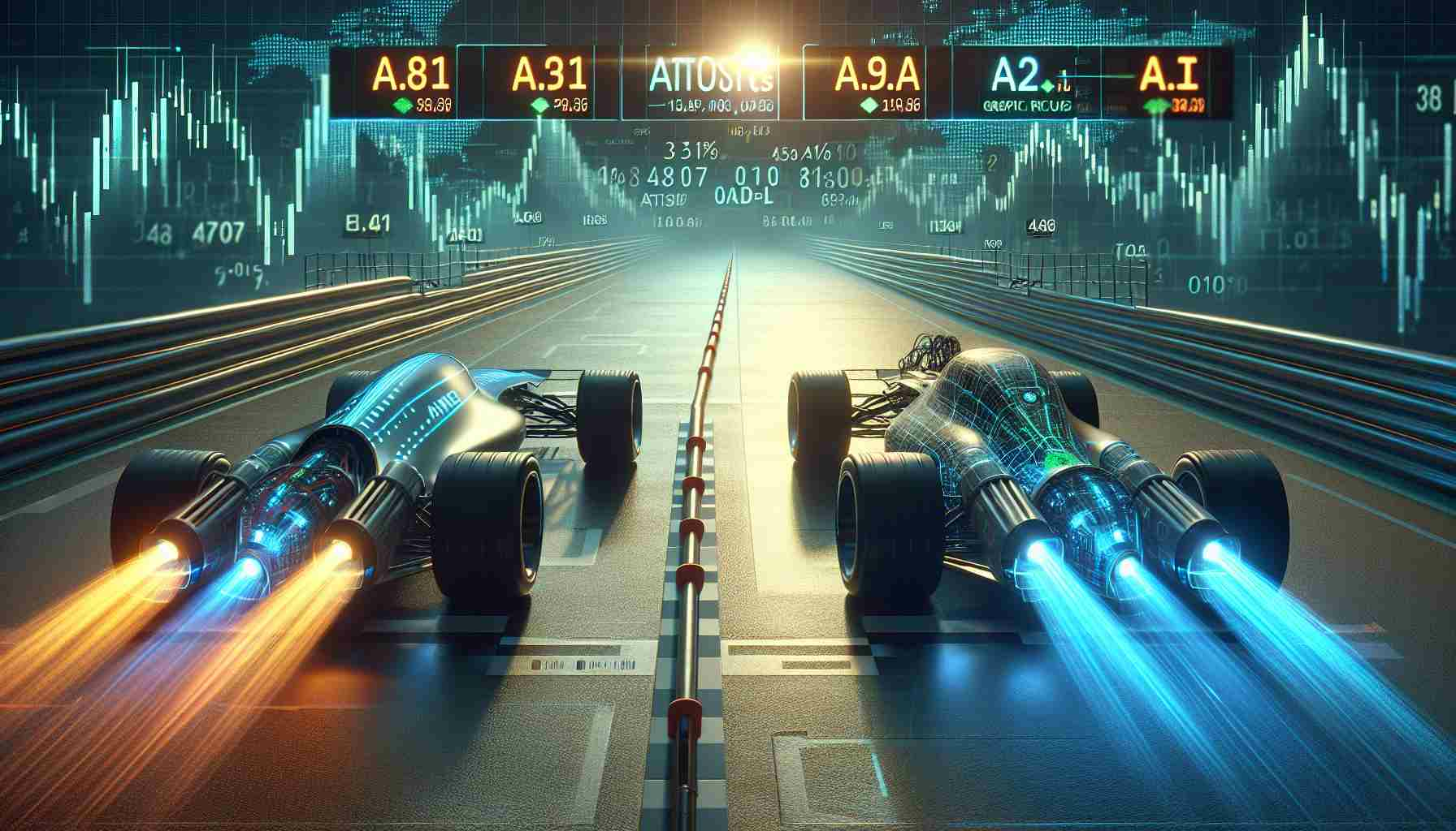 A high definition, realistic depiction of two futuristic AI technology themed race cars at the starting line on a race track. The track is filled with digital enumerations representing stock market data. The first race car is symbolically branded with the theme of an abstract AI analytics company, while the second car represents an AI graphic processing unit producer. They are revved up and ready, symbolizing a competitive race in the AI stock market. This scene illustrates the concept of 'AI Stocks Showdown': a metaphorical competition between different companies in the AI sector.