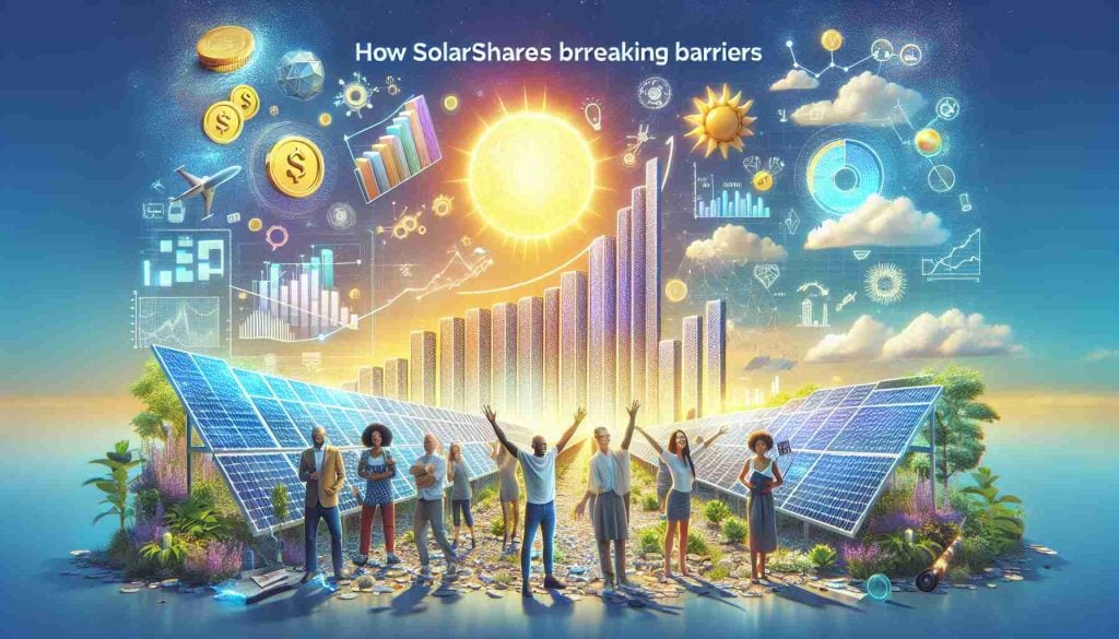 Visualize a high-definition, realistic image representing revolutionary solar investment. Picture a vibrant solar panel array under a radiant sun, with symbols like graphs and coins to reflect financial growth. Include a banner with the text 'How SolarShare is Breaking Barriers'. Add balance by featuring diverse individuals either celebrating or engaged in discussions about solar investment. Their ethnicity could range from Caucasian, Hispanic, Black, Middle-Eastern, or South Asian. This image should capture the optimism and dynamism associated with the solar energy industry.