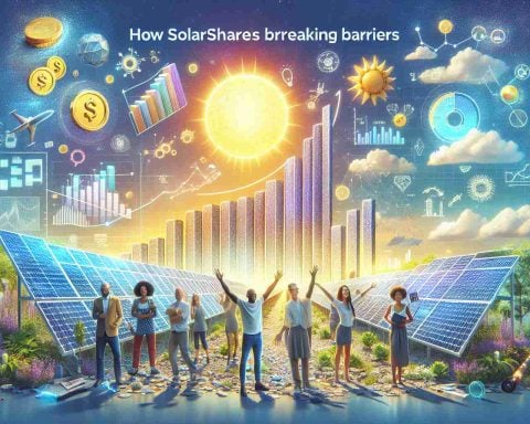 Visualize a high-definition, realistic image representing revolutionary solar investment. Picture a vibrant solar panel array under a radiant sun, with symbols like graphs and coins to reflect financial growth. Include a banner with the text 'How SolarShare is Breaking Barriers'. Add balance by featuring diverse individuals either celebrating or engaged in discussions about solar investment. Their ethnicity could range from Caucasian, Hispanic, Black, Middle-Eastern, or South Asian. This image should capture the optimism and dynamism associated with the solar energy industry.