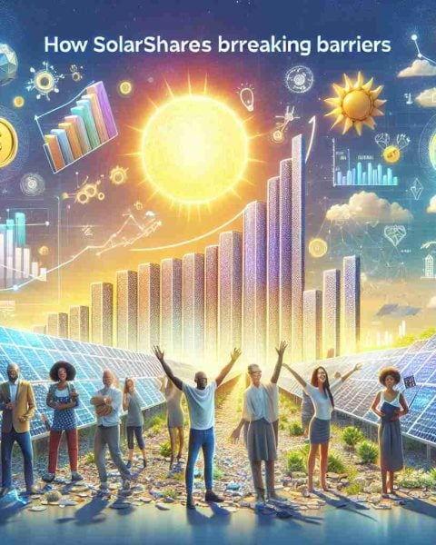 Visualize a high-definition, realistic image representing revolutionary solar investment. Picture a vibrant solar panel array under a radiant sun, with symbols like graphs and coins to reflect financial growth. Include a banner with the text 'How SolarShare is Breaking Barriers'. Add balance by featuring diverse individuals either celebrating or engaged in discussions about solar investment. Their ethnicity could range from Caucasian, Hispanic, Black, Middle-Eastern, or South Asian. This image should capture the optimism and dynamism associated with the solar energy industry.