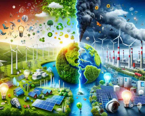 A vivid and realistic, high-definition image that portrays the concept of 'Dominion Energy's Next Move'. The image should encapsulate possible implications for consumers and the environment. Perhaps a symbolic representation of a switch from non-renewable to renewable energy. Renewable energy symbols such as wind turbines, solar panels, hydropower dam mingling with consumer icons such as light bulbs or appliances. The background can feature contrasting halves; one displaying a lush, green landscape symbolizing a healthy environment, and the other showing smog-filled industrial setting, representing the consequence of neglecting environmental responsibility.