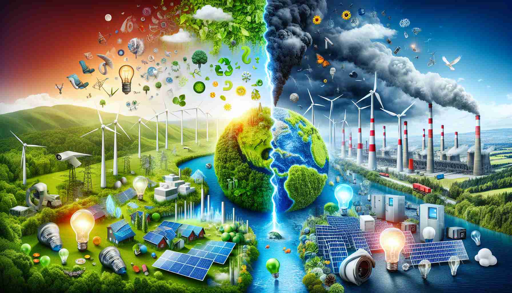 A vivid and realistic, high-definition image that portrays the concept of 'Dominion Energy's Next Move'. The image should encapsulate possible implications for consumers and the environment. Perhaps a symbolic representation of a switch from non-renewable to renewable energy. Renewable energy symbols such as wind turbines, solar panels, hydropower dam mingling with consumer icons such as light bulbs or appliances. The background can feature contrasting halves; one displaying a lush, green landscape symbolizing a healthy environment, and the other showing smog-filled industrial setting, representing the consequence of neglecting environmental responsibility.