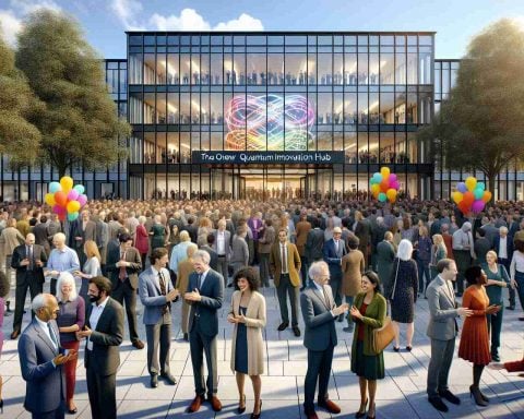 A highly detailed and realistic image showing the grand opening of a new cutting-edge quantum research hub in the UK. Scientific innovators from various descents such as Caucasian, Hispanic, Black, Middle-Eastern, South Asian, and White gather around. The scene captures the mix of different genders eagerly discussing ideas and concepts. A large glass-fronted building stands in the background, with a sign over the entrance welcoming visitors to the 'Quantum Innovation Hub'. Brightly colored balloons and warm welcoming lights punctuate the day, signaling a new era of scientific discovery.