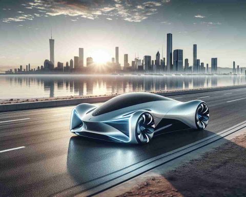 High definition and realistic image of a conceptual electric vehicle on a road, cutting edge design, embodying the future of technology and sustainable transportation. Skyline meets the horizon in the distance, signaling a new dawn of technological advancement