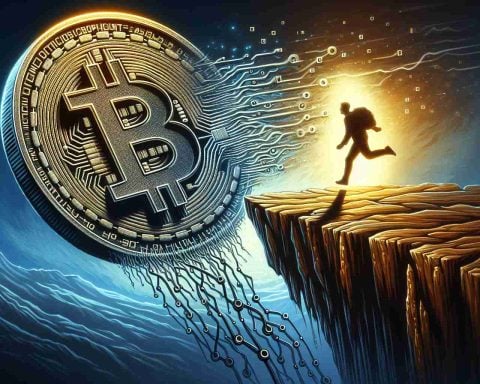 An artistic representation of a striking visual metaphor, capturing the concept of a cryptocurrency named MicroStrategy making a risky move in the digital economy. Picture this as a symbolic entity, perhaps visually represented as a glowing, 3D coin adorned with cryptographic symbols and high technology motifs, teetering on the edge of a precipice or about to take a breathtaking drop towards an abyss. Yet there is an air of resolute ambition and daring risks present, raising metaphorical eyebrows in anticipation of this audacious act.