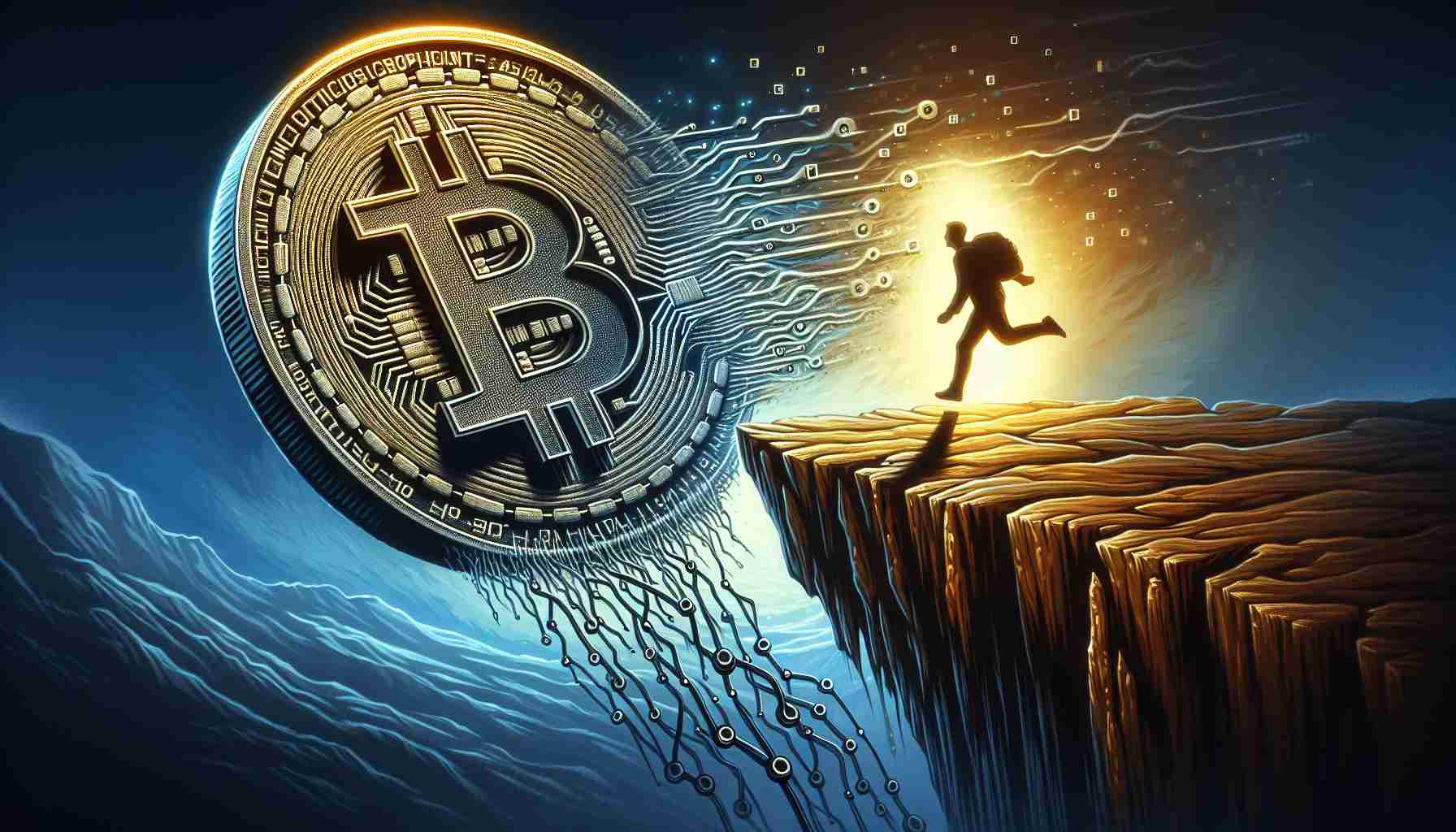 An artistic representation of a striking visual metaphor, capturing the concept of a cryptocurrency named MicroStrategy making a risky move in the digital economy. Picture this as a symbolic entity, perhaps visually represented as a glowing, 3D coin adorned with cryptographic symbols and high technology motifs, teetering on the edge of a precipice or about to take a breathtaking drop towards an abyss. Yet there is an air of resolute ambition and daring risks present, raising metaphorical eyebrows in anticipation of this audacious act.