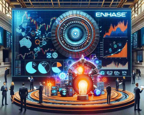 Generate a high-definition, realistic image representing the strategic shift at Enphase Energy. Include elements such as business charts, the company logo, and symbols of change (like a turning wheel or a shifted chess piece) on a backdrop of the New York Stock Exchange board with the ENPH ticker prominently visible.