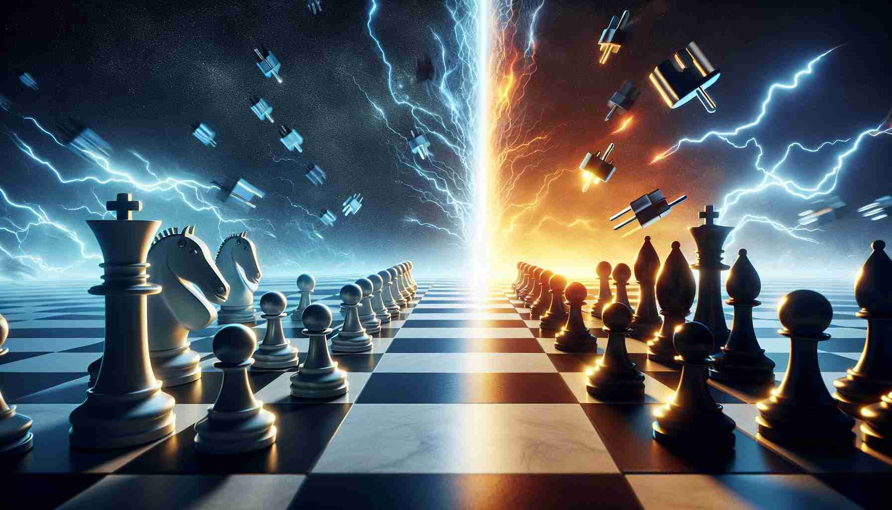 Render a realistic high-definition image pertaining to Plug Power's recent decisions. The scene should be ambiguous, reflecting both a potential ground-breaking innovation and a risky wager. The setting could be a symbolic chessboard where chess pieces, representing Plug Power's moves, are placed in both defensive and offensive positions simultaneously. One part of the image could showcase a bright glowing side, symbolizing positive change and progress, while the other could portray a darker, more uncertain side, indicating the potential risks and gambles involved.